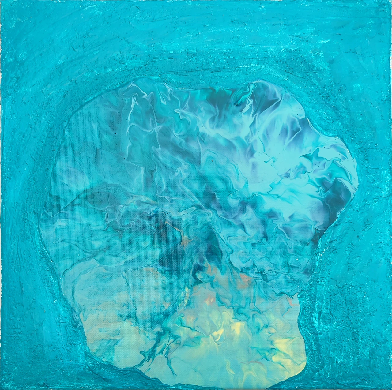 An irregular pale form suspended in a turquoise field.