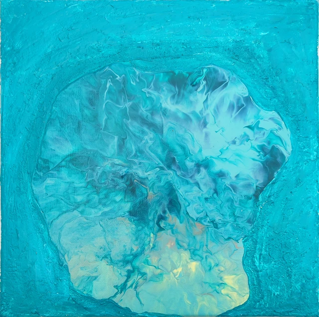 An irregular pale form suspended in a turquoise field.