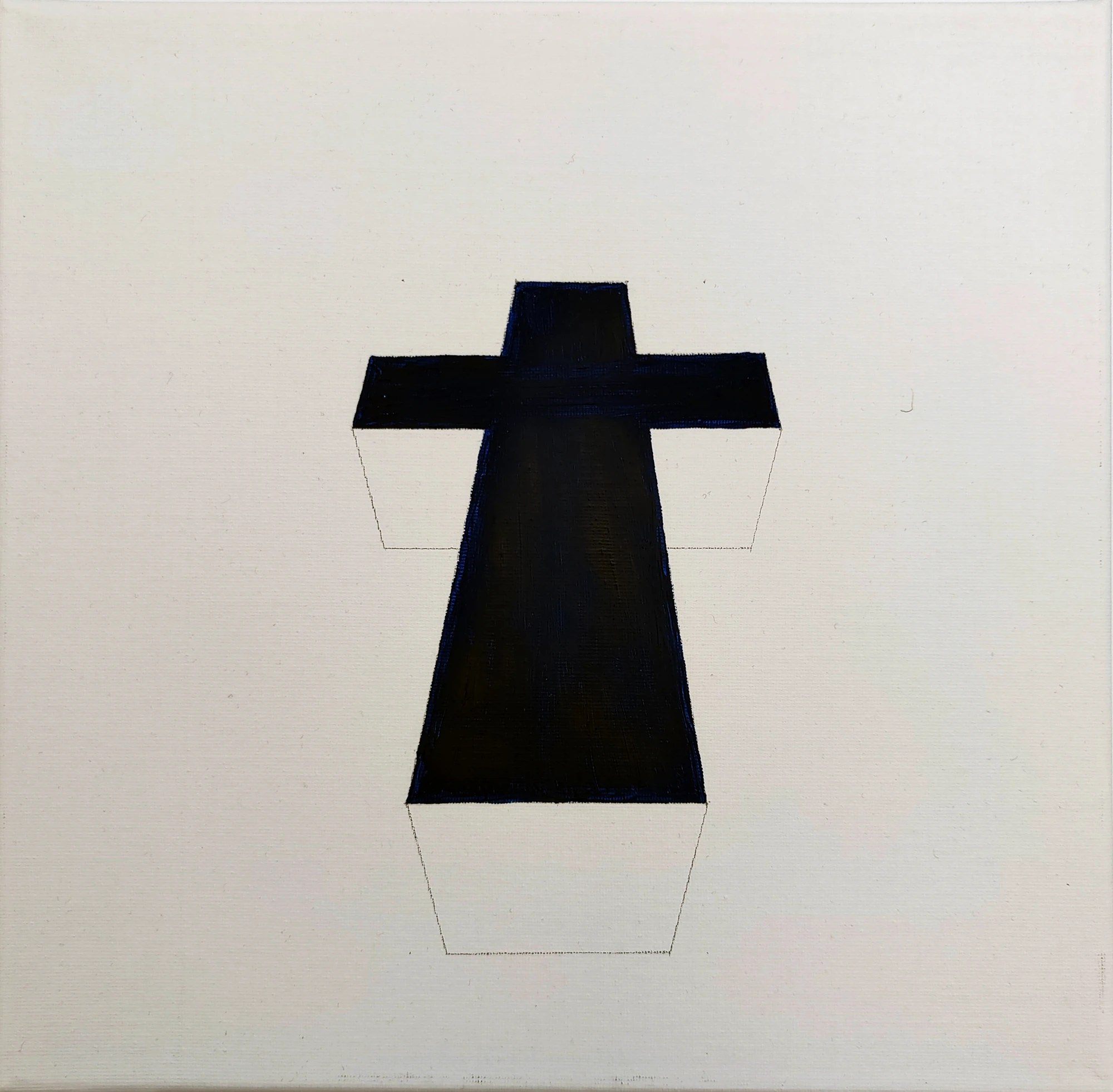 A dark geometric cross projects against a pale ground.