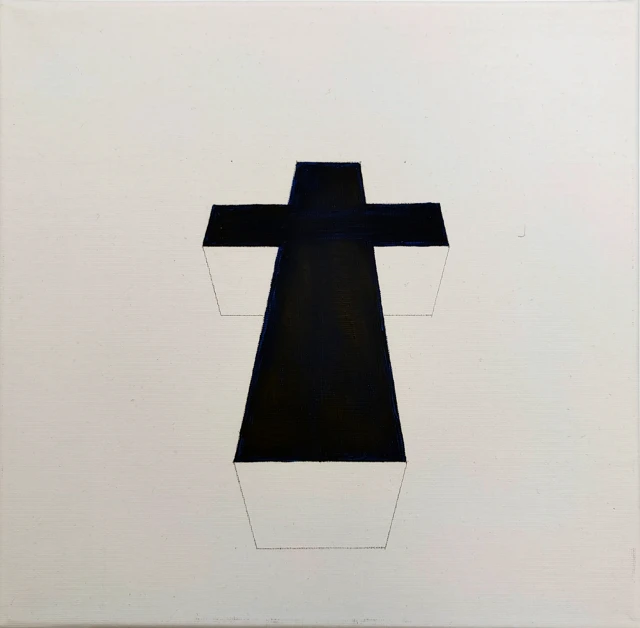A dark geometric cross projects against a pale ground.
