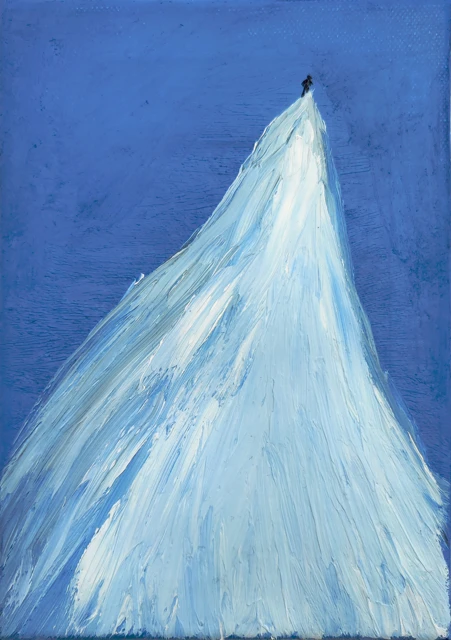 A pale triangular form rises through a blue field.
