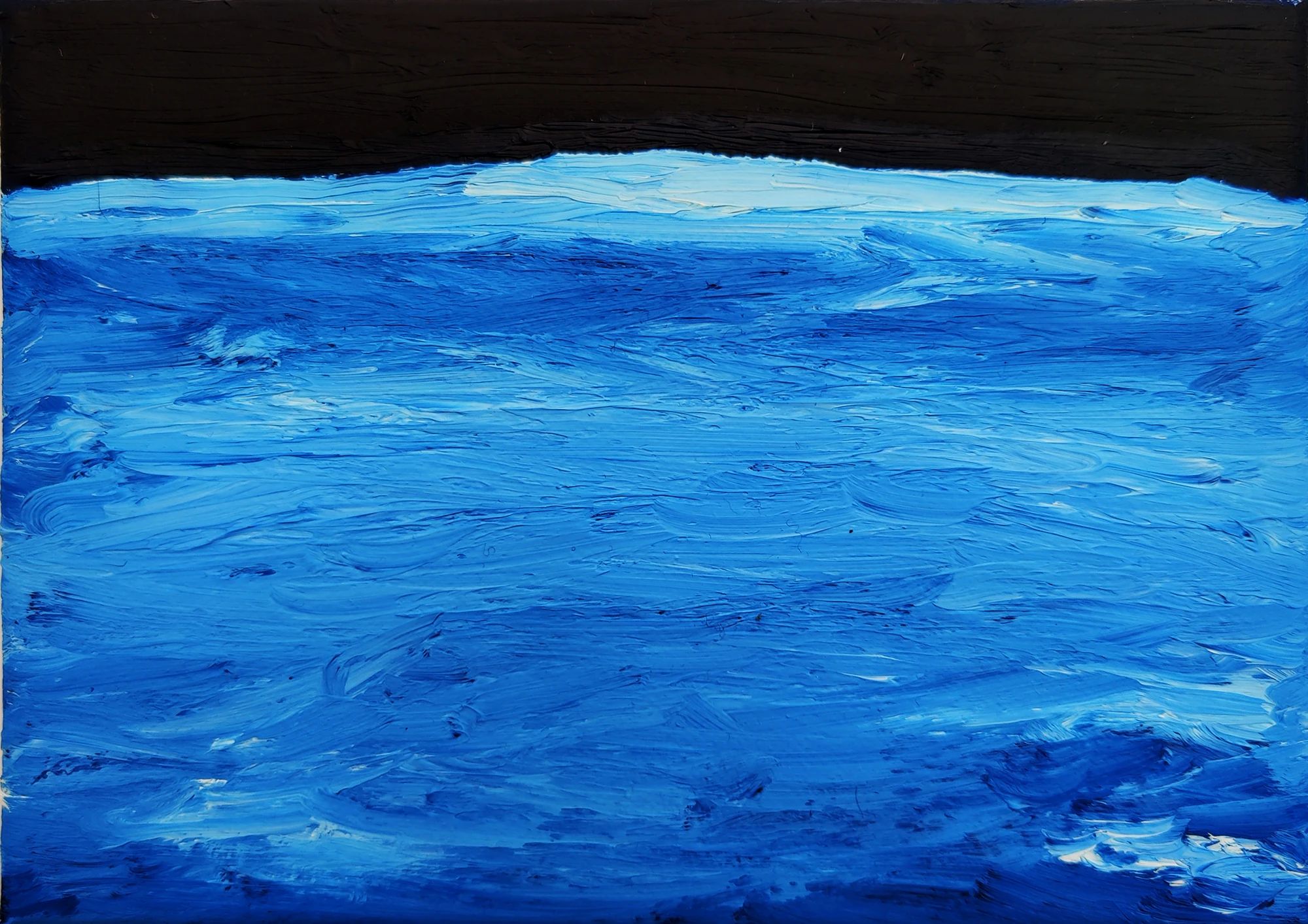 Broad blue gestures meet a deep black band.