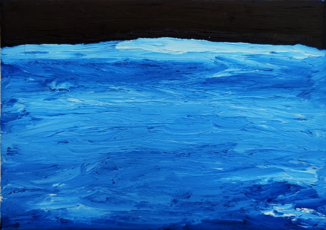 Broad blue gestures meet a deep black band.