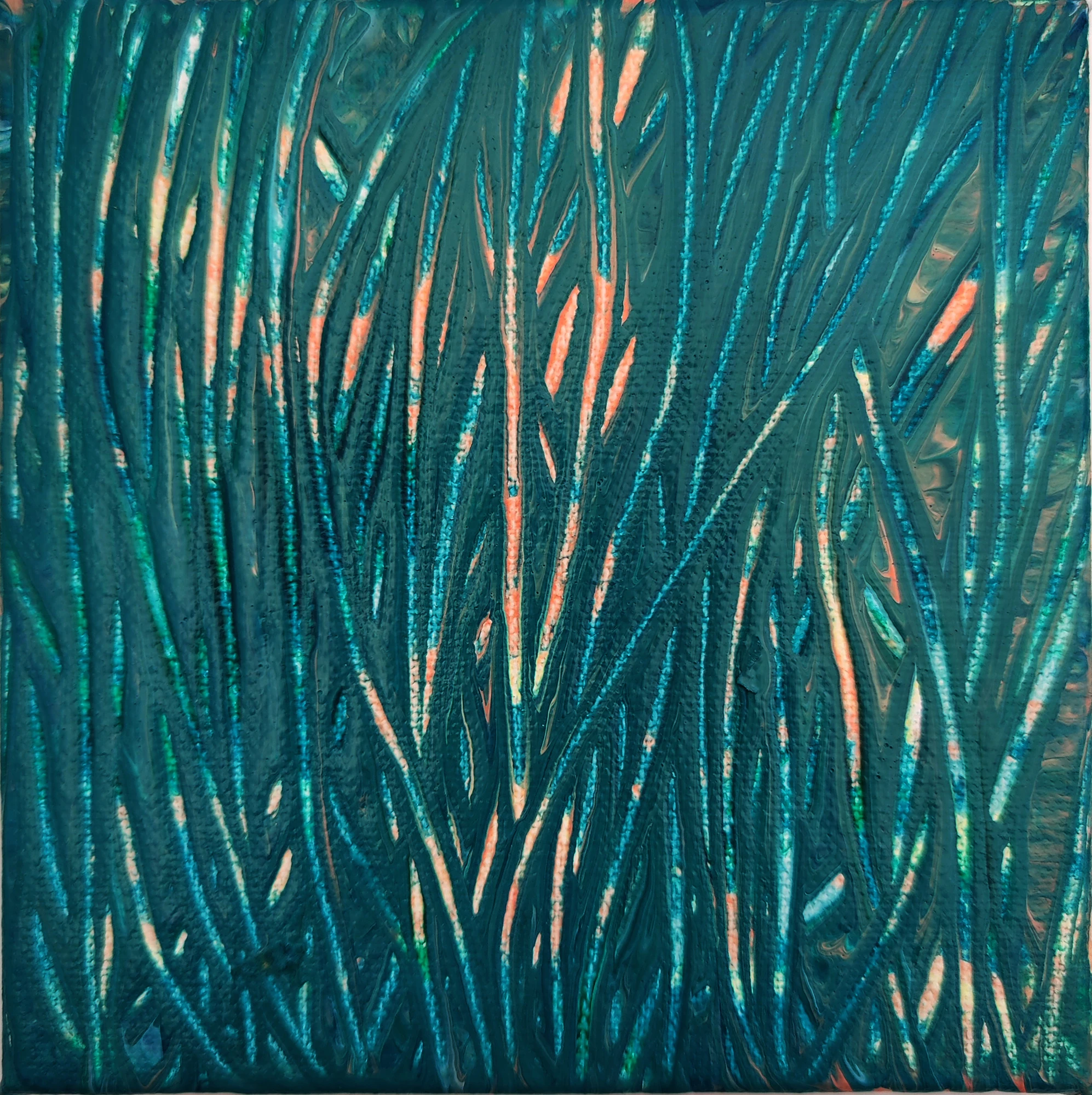 Fine coral marks interrupt vertical dark green flows.